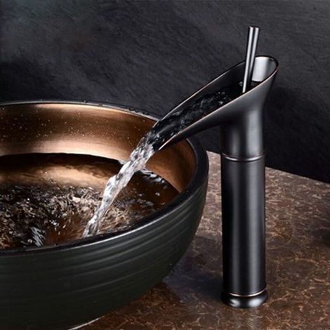Vasenförmige Badezimmerarmatur, Wasserfallarmatur, antike schwarze Badezimmerarmatur, Wasserfallarmatur aus Vollkupfer, Waschbeckenarmatur, H-förmige Waschbeckenarmatur (1/5)