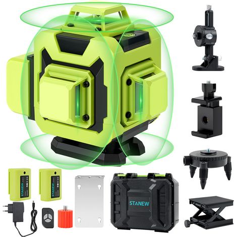 Stanew – Niveau laser vert 4D 16 lignes – Précision ±3mm/10m – Télécommande et rechargeable – Portée 20m – Classe II IP54