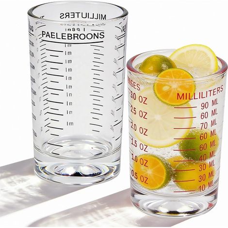 2 Pcs Verre Doseur Cocktail 120ml et 90ml, Gobelet Doseur Gradué en Verre sans BPA, Petits Verres Mesureur Cuisine Transparents, Verre Gradué Liquide, pour Mojito Sirops Huiles Arômes Alcool (1/5)