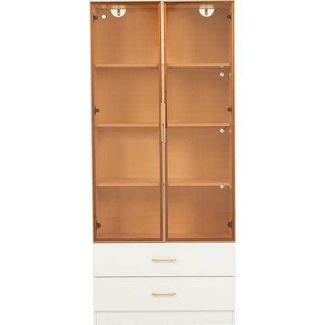 Armadio bagno alto 75 cm bianco in MDF con luce, 2 cassetti, 2 ante e vetro temperato (1/5)