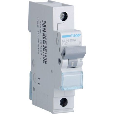 Hager – Disjoncteur unipolaire 10A – MUN110A – Courbe C – 6kA – Pour tension 230/400V AC – Température de fonctionnement -25 à 60°C