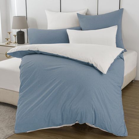 Parure de lit 135 x 200 cm en coton bleu/blanc – Parure de lit 2 pièces douce, 100 % coton lavé, comprend 1 housse de couette 135 x 200 cm et 1 taie d'oreiller 80 x 80 cm avec fermeture éclair (1/5)