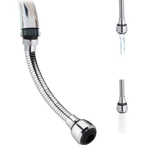 Relaxdays Tap Extension, Flexible Attachment, for Kitchen Tap, 2 Spray Types, 4 Threads: M16 to M24, 30 cm Long, Silver (1/5)