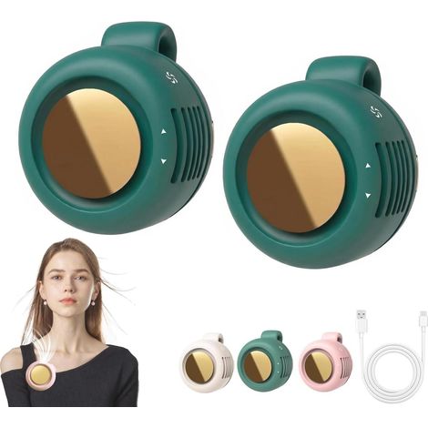 2 Pack Portable Silent Mini Bladeless Clip-On Fan, 3-Speed Wearable Fan for Shirt & Waist, Outdoor, Travel & Office,Green (1/5)