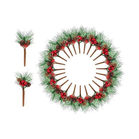 Aiguilles De Pin Artificielles - 20 Pièces Avec Pommes De Pin Et Baies Rouges - Pour Couronnes Décorations De Noël Et Arrangements Floraux - Lot Complet (1/5)