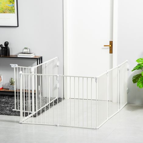 PawHut Welpenauslauf 8-teilig, faltbar 60 x 76 cm Welpenlaufstall mit Tür, Hundegitter für kleine, mittelgroße Hunde, Freigehege für Tür, Kamin, Treppe, Weiß