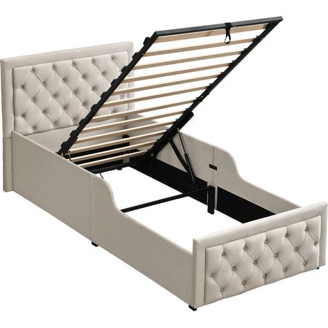 Cama infantil 90 x 200 cm con almacenaje hidráulico, somier y cabecero de terciopelo beige (1/5)