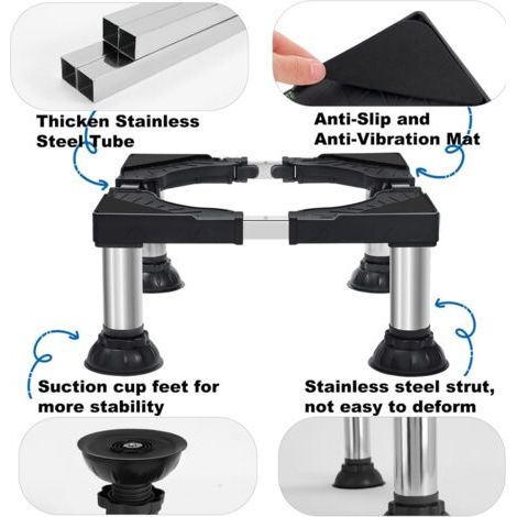Socle pour machine à laver avec 4 pieds à ventouses, capacité de charge de 200 kg, largeur réglable (40-62 cm), hauteur réglable (17,7-21 cm), noir. (1/4)