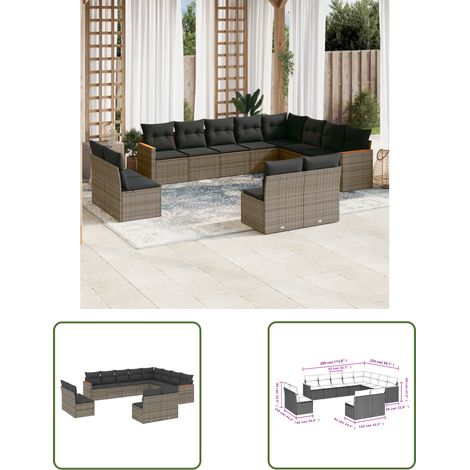 The Living Store 12-tlg. Garten-Sofagarnitur mit Kissen Grau Poly Rattan - Gartenmöbel - Esszimmergarnituren - Rattan Möbel - Outdoor Sofa - Lounge Set (1/3)