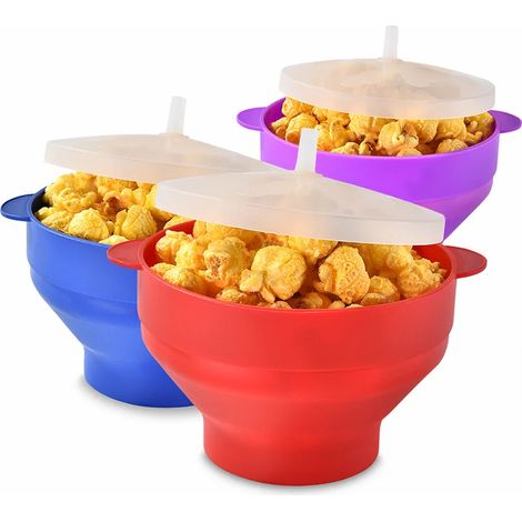 Ensemble de 3 bols à popcorn en silicone pour micro-ondes, pliables, avec couvercle, grande capacité, ustensiles de cuisine. (1/5)