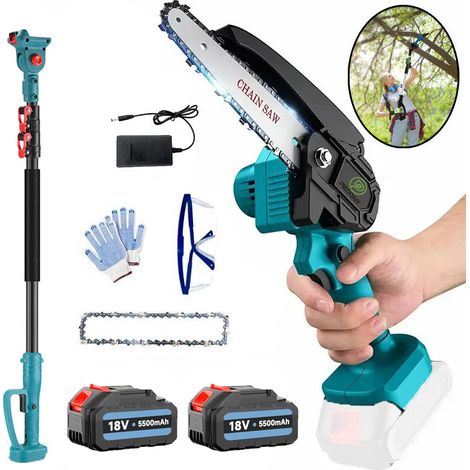 6 Inch Cordless Chainsaw, 2 in 1 Extendable Electric Chainsaw, Tree Trimmer with 2 Chains, 2x5.5A Battery and Charger, Compatible with Makita Battery