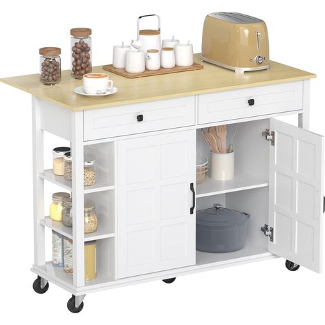 HOMCOM isla de cocina con ruedas, encimera plegable, carro de cocina con 2 puertas con cierre suave, 2 cajones, 6 estantes abiertos, blanco