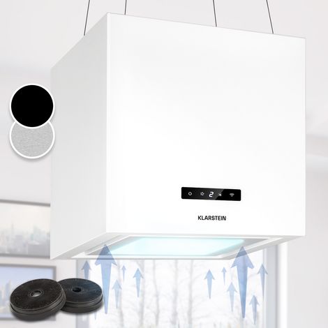 Klarstein – Hotte aspirante îlot 595 m³/h – Panneau LED avec contrôle WiFi – Classe A – Faible bruit 67 dB – Design cubique moderne