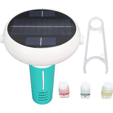 Ioniseur de piscine intelligent solaire sans fil, surveillance pH ORP sel chlore, flotteur autonome avec application mobile et solutions d'étalonnage incluses (1/5)