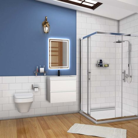 Acezanble 60cm(L)x38.5cm(P)x52cm(H) Acezanble meuble Salle de Bain blanc deux tiroirs avec une vasque à suspendre avec un miroir de 70x50 cm (1/5)
