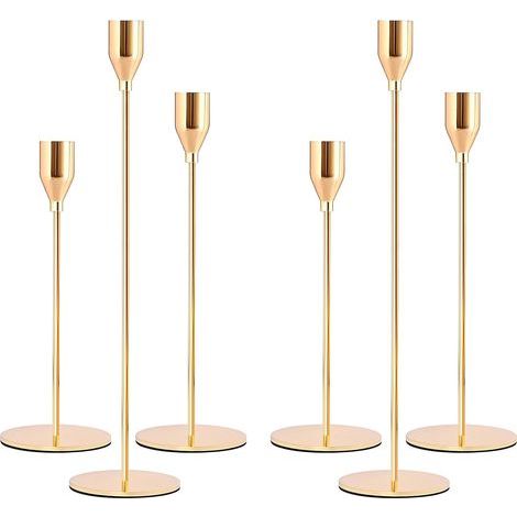 Chandelier Bougeoir Dorés 6Pcs Rétro Métal Hauts Bougie Chandelier, Coniques Bougeoir Decoratif,Chandelier de Mariage,33/28/22 cm Candélabre pour Salle À Manger Salon d'anniversaire Décor À Maison (1/5)