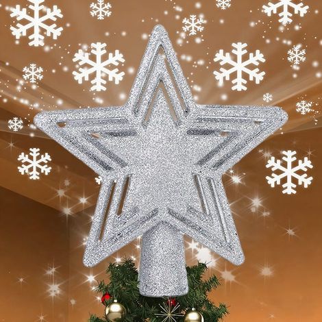 Adorno para la punta del árbol de Navidad con proyector LED integrado, estrella brillante 3D para la cima del árbol, decoración navideña, luz para árbol de Navidad (Plata)
