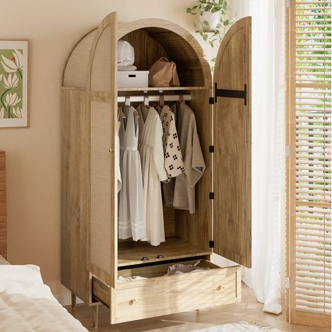 Armadio guardaroba 79x50x175 cm, con cassetti e asta appendiabiti, ante rivestite in tessuto, MDF, rovere (1/5)