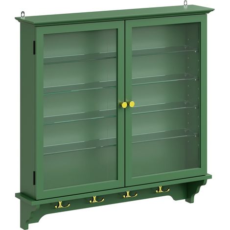 SoBuy Schmale Hängevitrine aus Bambus & MDF Wandschrank Dunkelgrün mit Glastüren für Bad, Küche & Wohnzimmer 68×13.5×68.5 cm Tragkraft 18 kg FSB114-E-SY (1/5)