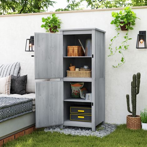Casetta in legno, casetta da giardino compatta per attrezzi e attrezzature da giardino con ante chiudibili a chiave, grigio chiaro