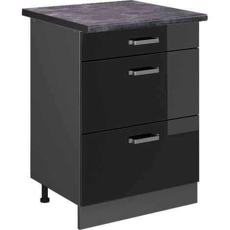 Meuble cuisine R-Line, Noir Haute brillance, 60 cm avec tiroirs, PT Anthracite, Vicco