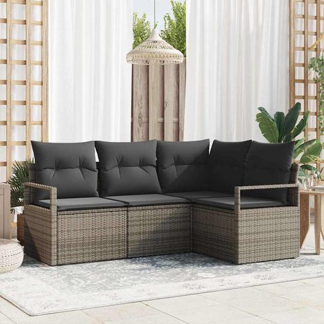 Sofa Set mit Kissen Grau Poly Rattan