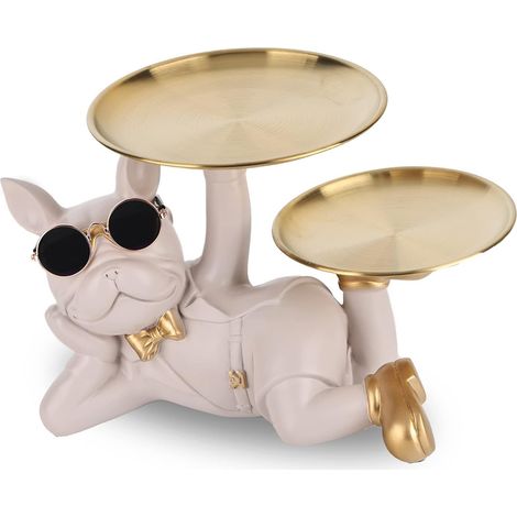 Statue de majordome chien Bouledogue Français avec plateau décoratif, décoration maison, table salon, couloir, gris clair (1/5)