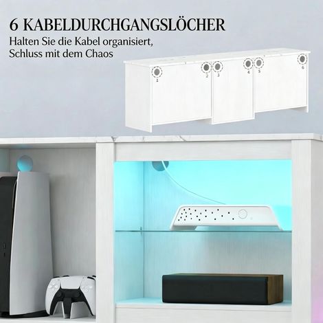 Meuble TV LED moderne pour écrans jusqu'à 70 pouces (160 cm), avec tablettes en verre ajustables et rangement intégré. (1/5)