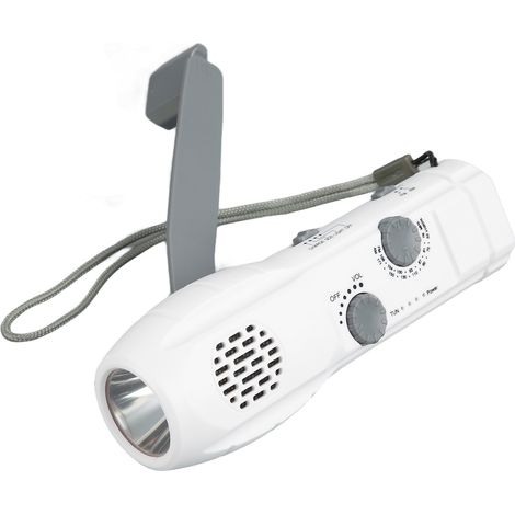 Radio torche d'urgence AM/FM rechargeable USB avec alarme SOS, batterie 1200 mAh, petite LED, à manivelle, idéale pour le camping et la randonnée (blanche). (1/5)