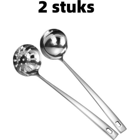 Ensemble de 2 louches à soupe en acier inoxydable avec revêtement épais anti brûlure et crochet de suspension compatibles lave vaisselle pour casseroles et plats chauds couleur argentée (1/5)