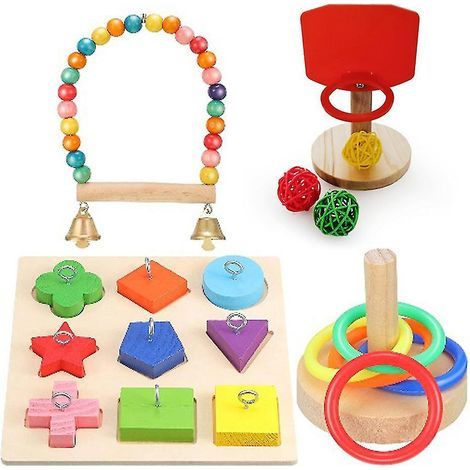 Ensemble de 4 jouets pour oiseaux comprenant un puzzle en bois, un jeu de construction et une balançoire pour l'entraînement des perroquets.