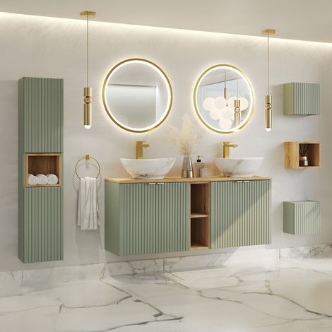 Ensemble meuble double vasque 140cm 4 portes 2 niches colonne et 3 armoires murales Jade Vert et Bois (1/5)