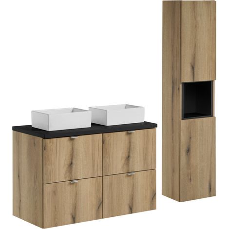 Ensemble salle de bain double vasque ovale blanche NOVA OAK 130cm avec meubles suspendus et colonne-Noir (1/5)