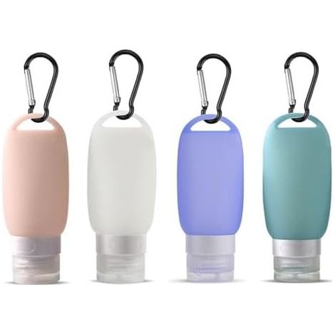 4 Pièces Flacons de Voyage en Silicone de 60 ml, Contenant Vide Voyage Récipients Rechargeables Bouteille Étanche Flacons Souples avec Mousqueton pour Shampoing/Gel Douche/Gel (1/5)