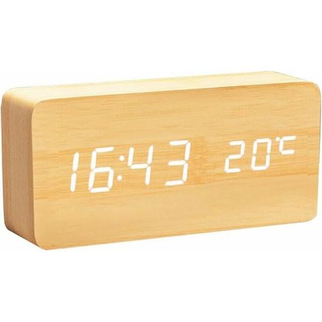 Horloge numérique multifonctionnelle en bois avec alarme LED et commande vocale, lumière blanche, fabriquée en bambou et en bois. (1/3)