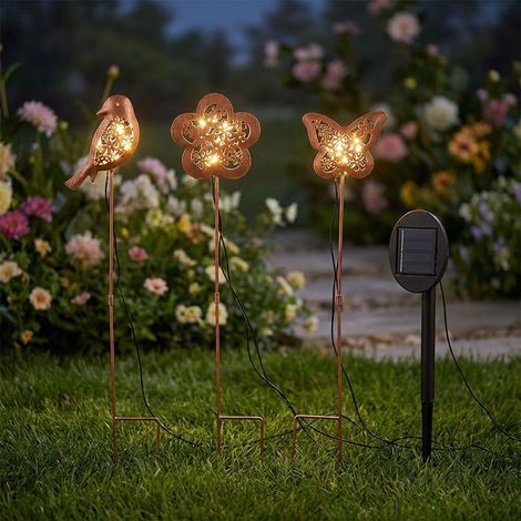 Lampada solare a LED picco a terra decorazione giardino luce esterna plug-in, metallo ruggine, fiore, uccello, farfalla, LxH 11 x 45 cm, set di 3 (1/5)
