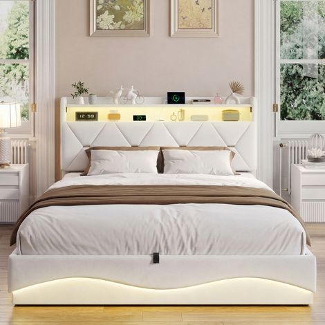 Lit Double avec LED, 140x200 cm Lit Double avec Rangement Hydraulique, Tête de Lit avec Étagère et USB/USB-C, Éclairage LED sous Lit, Sommier à Lattes, Velours Gris, pour Adulte et Adolescent