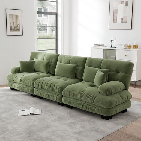 Canapé d'angle modulable 3 places avec assise profonde, canapé-lit en chenille verte, confortablement revêtu pour salon, appartement, studio, bureau, chenille verte (1/5)