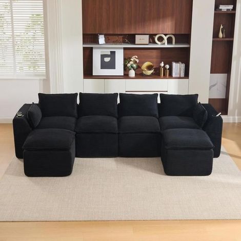 Canapé modulaire - KOMHTOM - Modulaire 4 places - Velours côtelé - Angle - 2 tabourets & rangements, noir (1/5)
