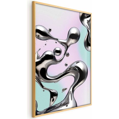 Poster – Metallische Fließkräfte – abstrakte silberne Formen auf mintviolettem Hintergrund (1/4)