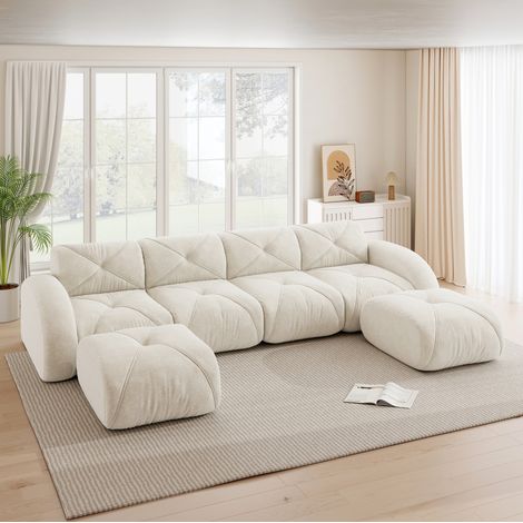 Divano modulare a U 4 posti con 2 pouf, ciniglia beige chiaro, REDOM (1/5)