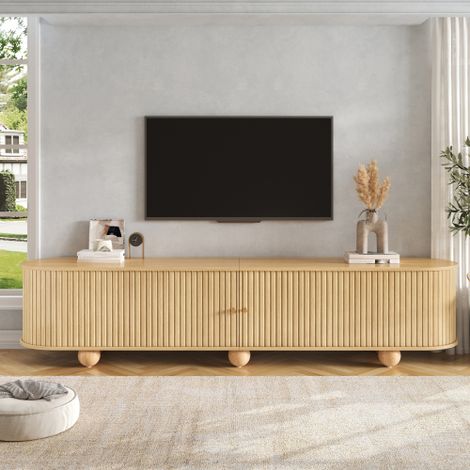Meuble TV,Meuble TV bois,180x35x45cm,bas aux formes arrondies,portes coulissantes,style rétro, mobilier de salon,portes coulissantes à rainures verticales,pieds boule,Naturelle (1/5)
