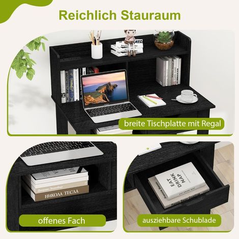Bureau informatique noir 95 x 56 x 109,5 cm avec prises intégrées et USB, étagère, tiroir et passe-câbles pour bureau (1/5)
