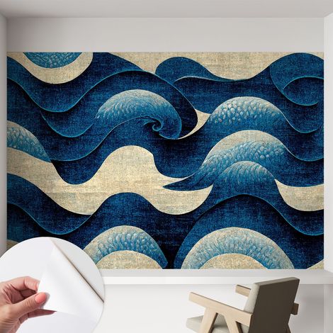 Papier peint autocollant adhésif décoratif avec motifs pour salon et chambre a motif Vagues bleues 152x104 cm (1/5)