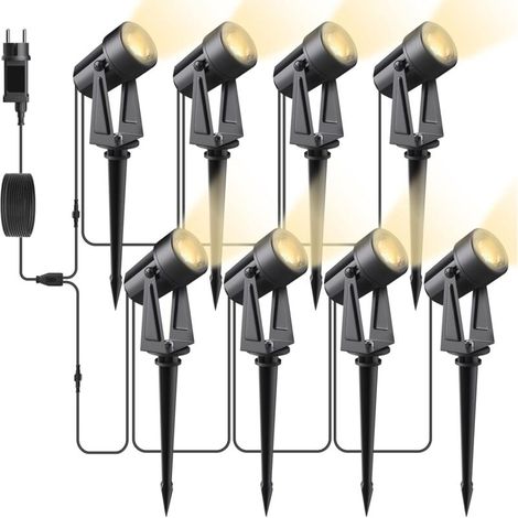 8 Pack Spot LED Extérieur, 8x2W Projecteur de jardin 28m/92ft 2400LM COB IP65 étanche 27V LED à Piquer Lampe Jardin blanc chaud avec piquet de terre pour extérieur Jardin Yard