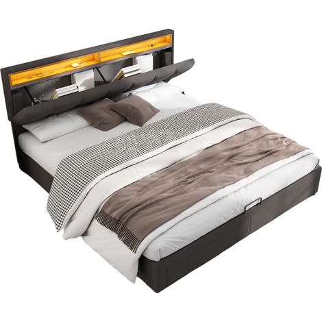 Lit coffre 160x200 cm avec LED, tête de lit, sommier à lattes, rangement sous le lit, effet lin gris foncé, pour chambre ado et adulte - CHICFURN (1/5)