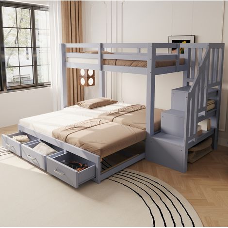 Letto a castello 90x200 cm con 3 cassetti, scala portaoggetti e letto estraibile 90/180x190 cm in legno, grigio, senza materasso (1/5)