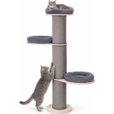 Relaxdays Cat Scratching Tree, 3 Platforms, Cushions, H x D: 187 x 46 cm, Sisal Posts, Anti-Tip Cat Tower, Grey/Natural (1/5)