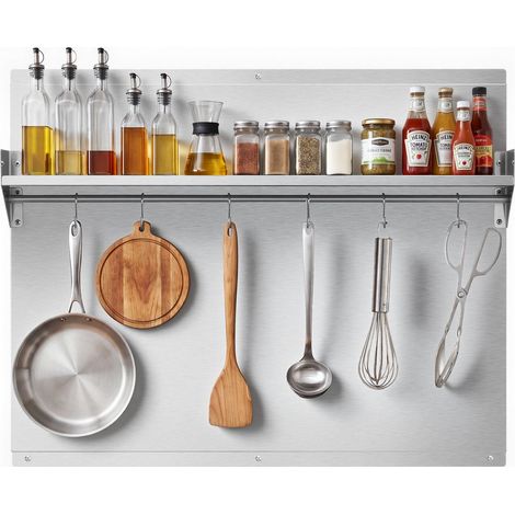 Crédence de Cuisine en Inox, Plaque Anti Projection Murale 76x61 cm avec Étagère et Crochets, pour Cuisinière et Table de Cuisson, Fond de Hotte avec Trous Pré-percés, Résistant à la Chaleur (1/5)