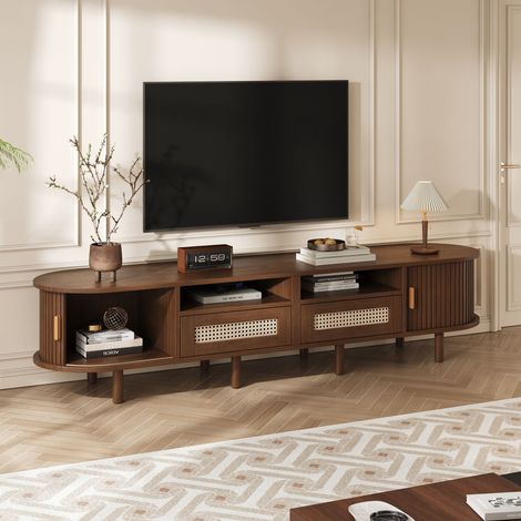 Meuble TV ovale 1704040 cm et table TV, meuble TV avec 2 tiroirs design en rotin, 2 portes coulissantes, meuble bas et table TV jusqu'à 70 pouces, meuble TV et commode TV, noyer (1/5)